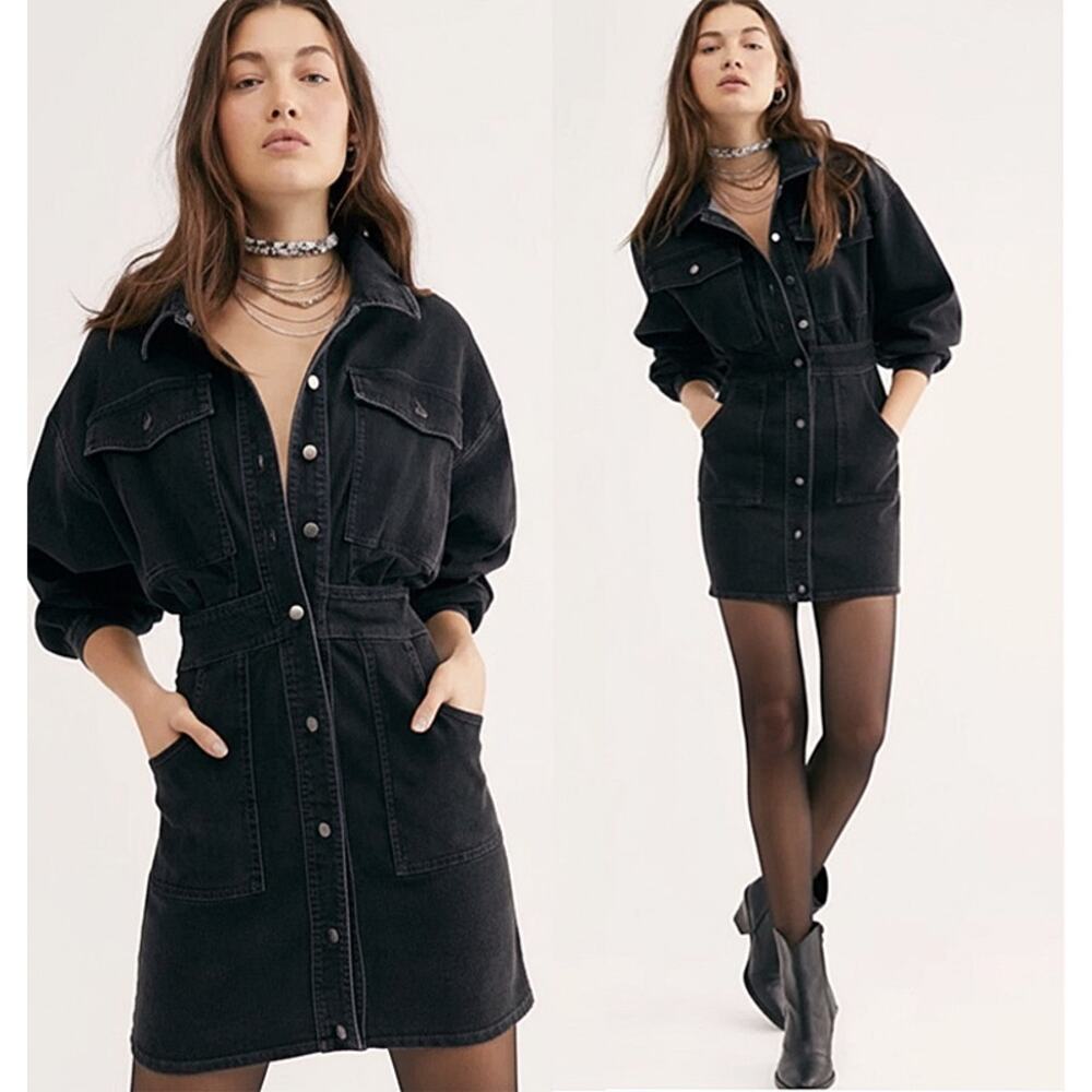 Free People Midnight Bo Black Denim Long Sleeve Mini Dress S - NWT